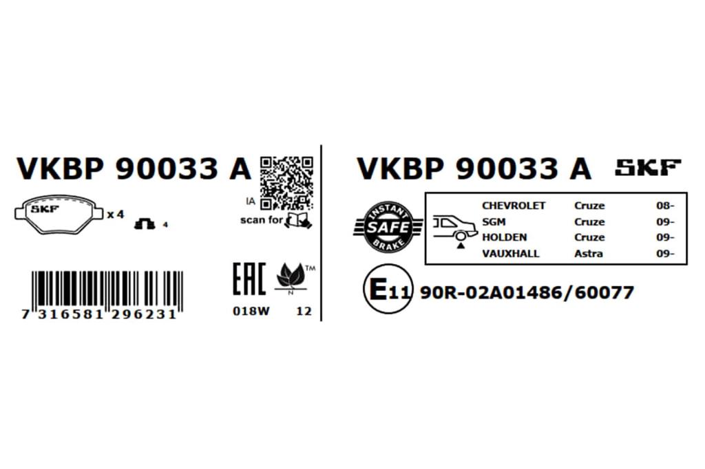 Jogo de 4 pastilhas de travão SKF ref. VKBP 90033 A